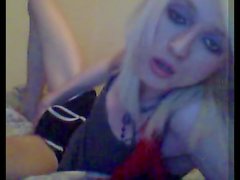 Extra thin and pale emo tgirl jerks her limp dick on cam