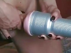 Busty pretty TS jerking off her cock